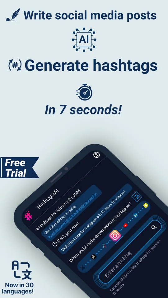 Hashtags AI screenshot - write social media posts and generate hashtags in seconds
